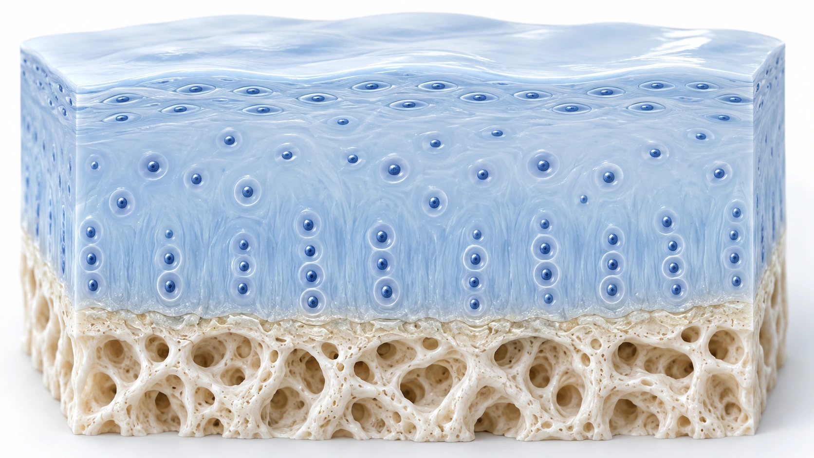 Ilustración CGI de la organización microscópica del cartílago articular