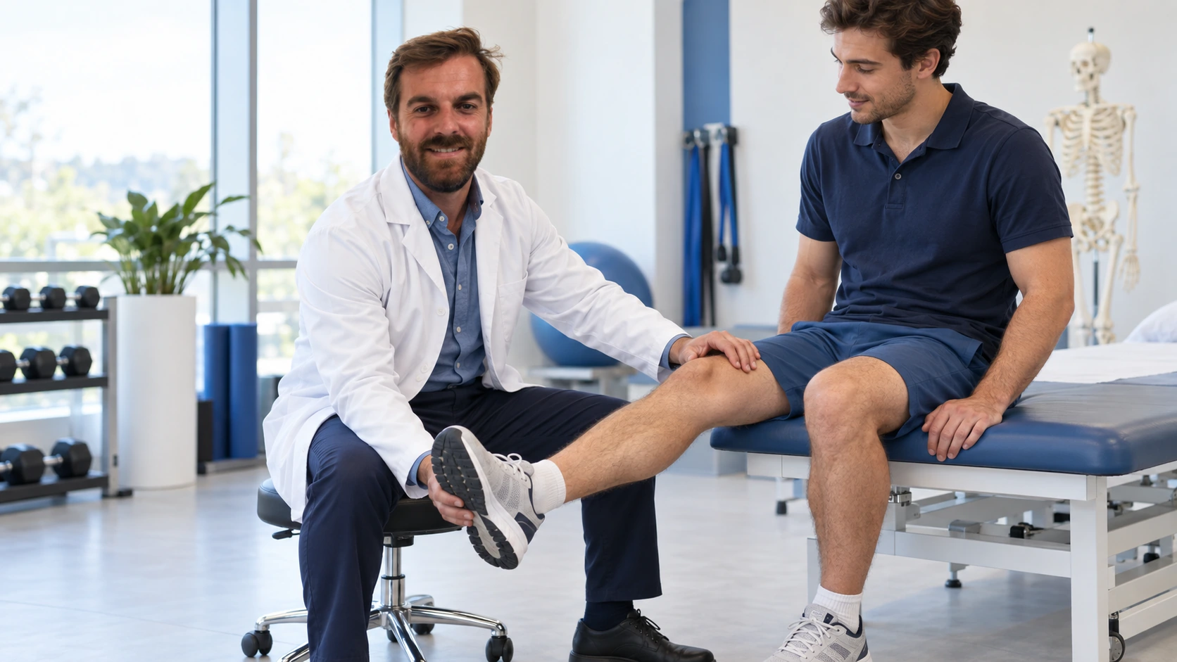 Recreación del Dr. Juan Alonso acompañando una valoración funcional de rodilla