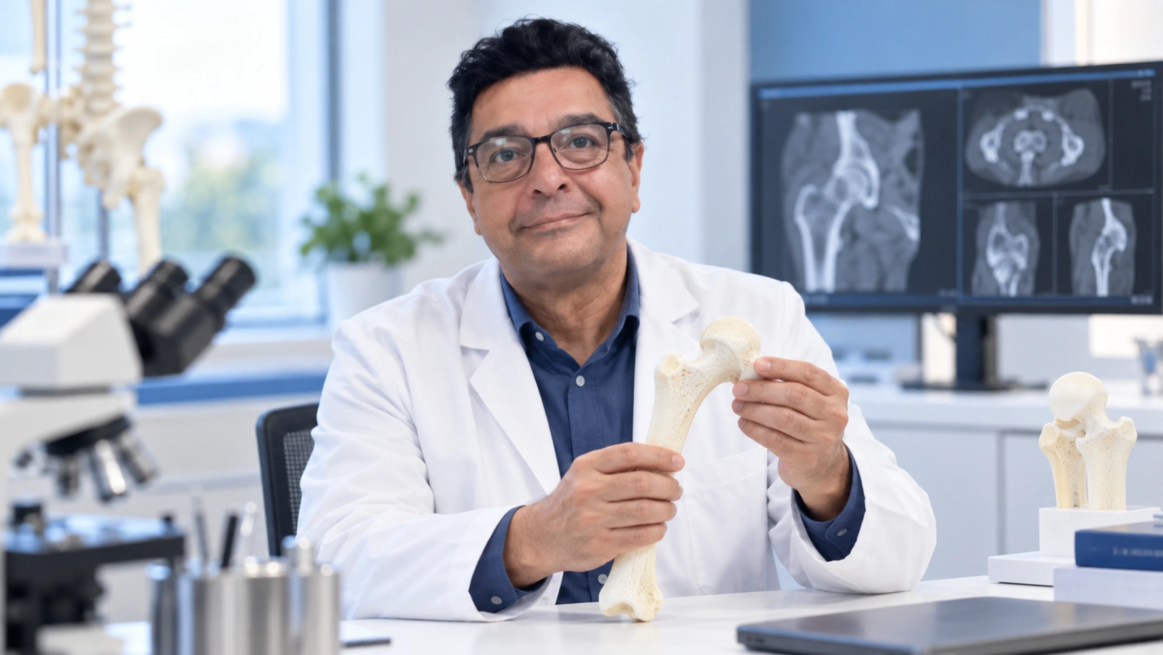 Recreación del Dr. José Vicente Amaya trabajando con un modelo anatómico para planificación quirúrgica